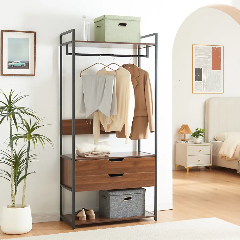 Ensemble de 3 portants à vêtements Larem armoire 4 tiroirs 6 compartiments noir effet noyer en.casa