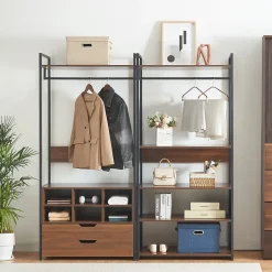 Ensemble de 2 portants à vêtements Larem 2 tiroirs 6 compartiments noir effet noyer en.casa
