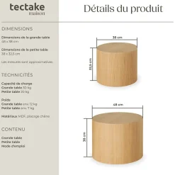 Ensemble de 2 tables basses rondes placage en bois de chêne