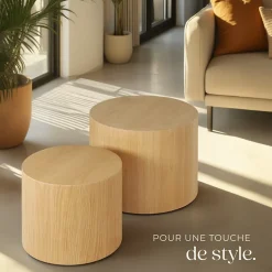 Ensemble de 2 tables basses rondes placage en bois de chêne