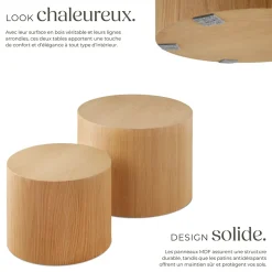 Ensemble de 2 tables basses rondes placage en bois de chêne