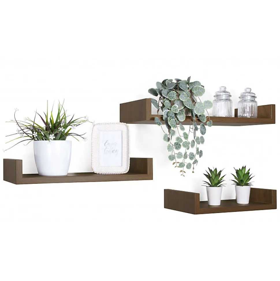 Ensemble de 3 étagères murales design en chêne tabac, dimensions : 60x8x23,7 cm, 50x8x23,7 cm et 40x8x23,7 cm - Maxi Magnet