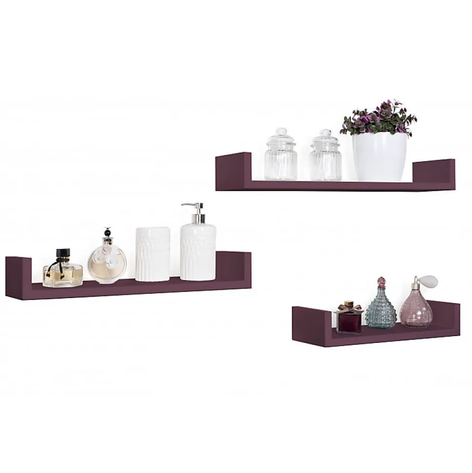 Ensemble de 3 étagères murales design, couleur aubergine, 60 x 8 cm x 15,5 cm, 50 x 8 cm x 15,5 cm et 40 x 8 cm x 15,5 cm