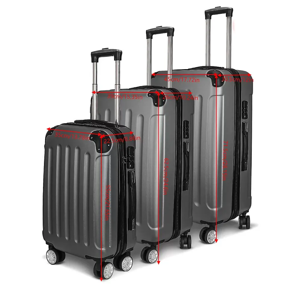 Ensemble De 3 Valises à 4 Roues, Serrure à Combinaison, Poignée Télescopique, Gris Foncé