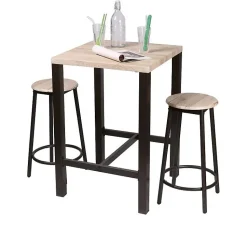 Ensemble de bar carré et 2 tabourets collection DARYL Structure en métal noir et plateau en MDF couleur bois