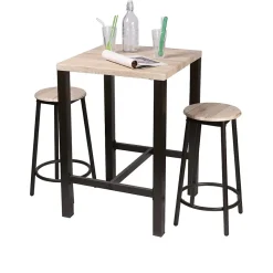 Ensemble de bar carré et 2 tabourets collection DARYL Structure en métal noir et plateau en MDF couleur bois