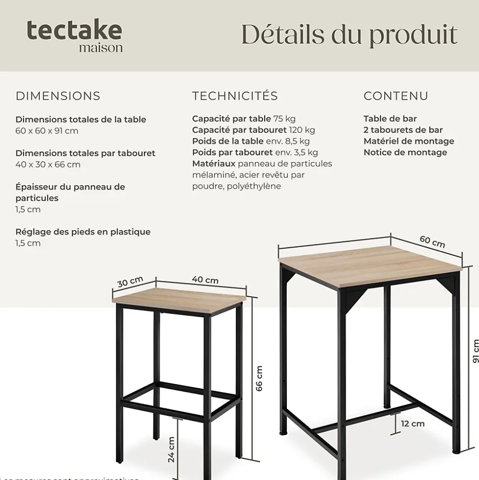 Ensemble de bar En 3 parties Style industriel Table avec 2 tabourets
