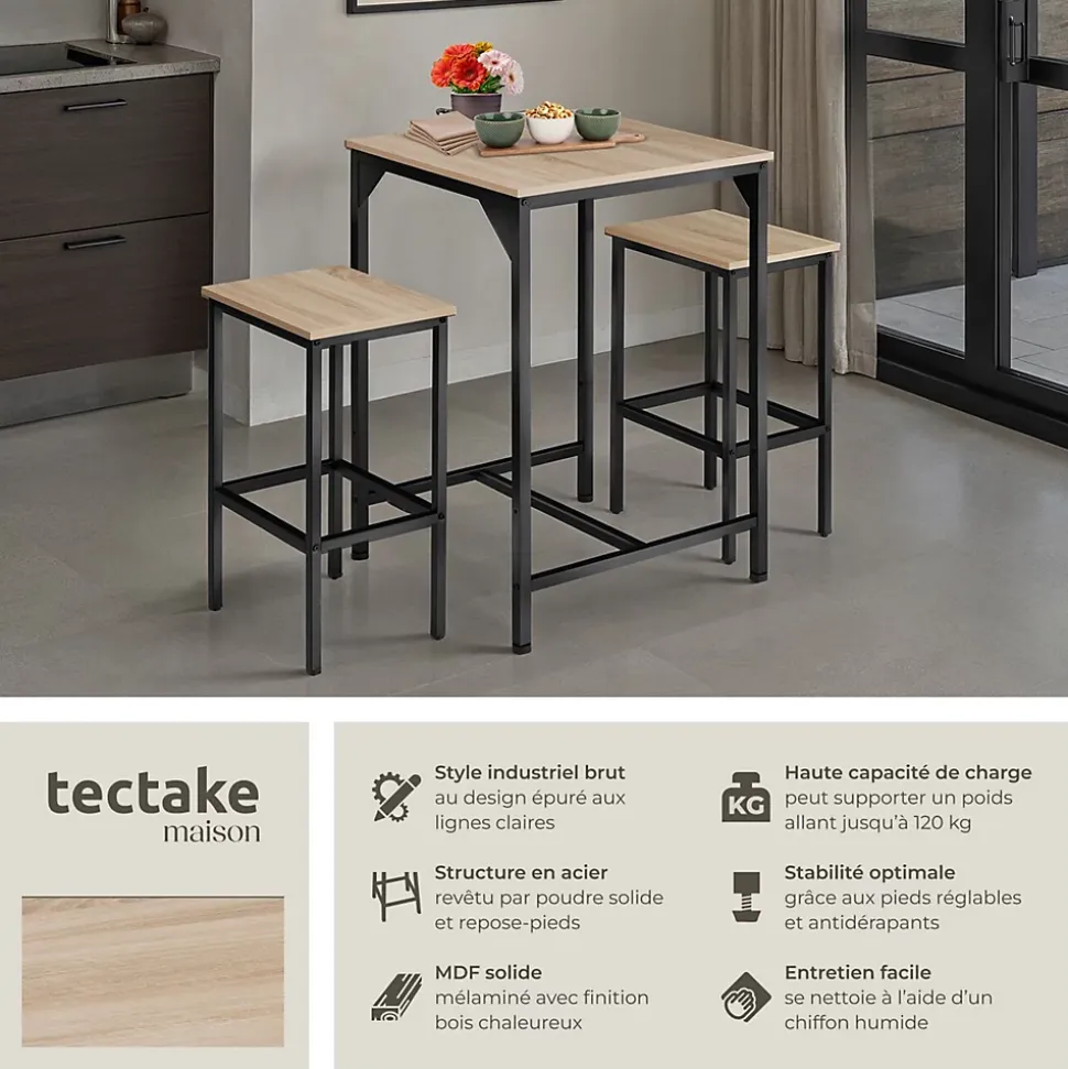 Ensemble de bar En 3 parties Style industriel Table avec 2 tabourets