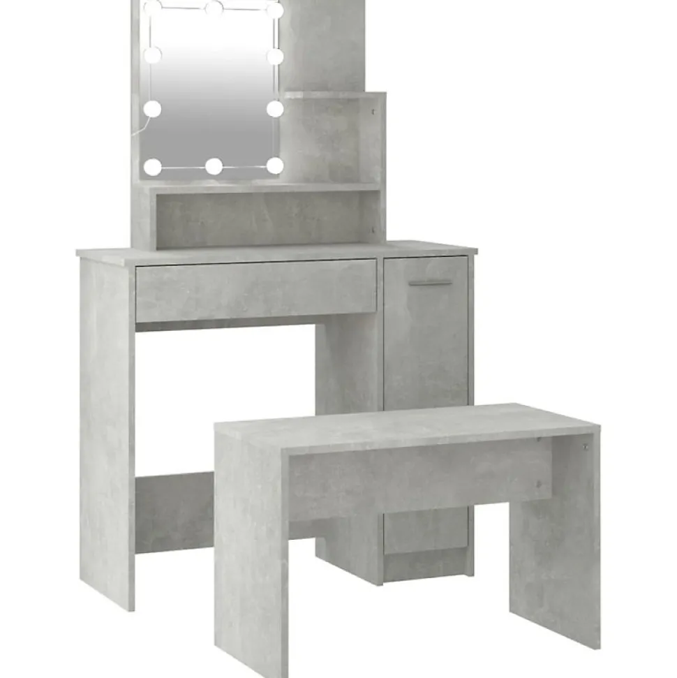 Ensemble de coiffeuse avec LED Gris béton Bois d ingénierie