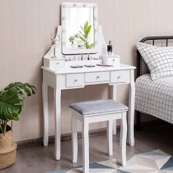 Ensemble de Coiffeuse et de Tabouret avec Miroir Pivotant Luminosites Reglables 5 Tiroirs Boîte de Rangement