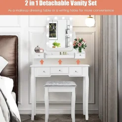 Ensemble de Coiffeuse et de Tabouret avec Miroir Pivotant Luminosites Reglables 5 Tiroirs Boîte de Rangement