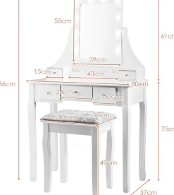Ensemble de Coiffeuse et de Tabouret avec Miroir Pivotant Luminosites Reglables 5 Tiroirs Boîte de Rangement