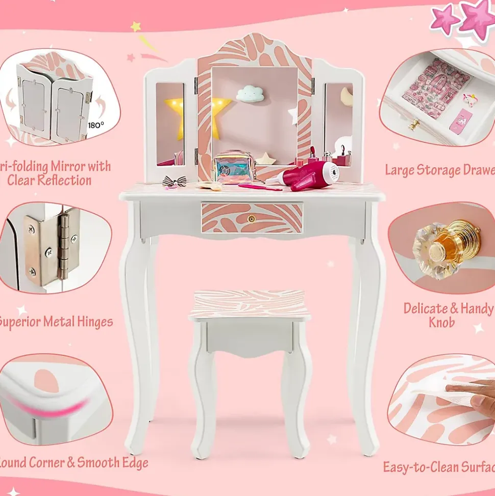 Ensemble de Coiffeuse et Tabouret pour Enfants Miroir Rabattable Tiroir Unique