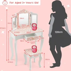 Ensemble de Coiffeuse et Tabouret pour Enfants Miroir Rabattable Tiroir Unique