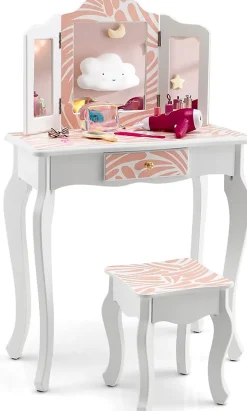Ensemble de Coiffeuse et Tabouret pour Enfants Miroir Rabattable Tiroir Unique