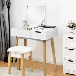 Ensemble de Coiffeuse et Tabouret Table de Maquillage avec Tabouret Rembourre et Miroir Rabattable avec Miroir Rabattable