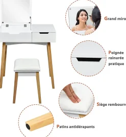 Ensemble de Coiffeuse et Tabouret Table de Maquillage avec Tabouret Rembourre et Miroir Rabattable avec Miroir Rabattable