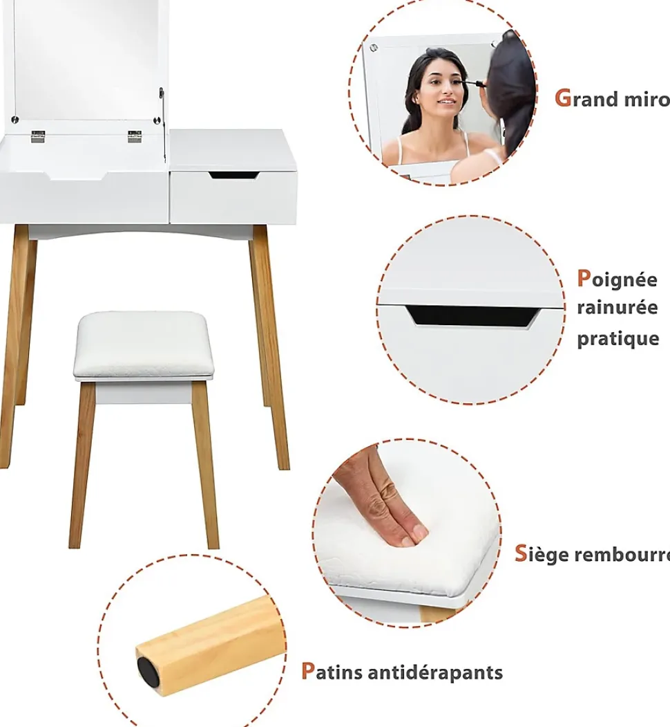 Ensemble de Coiffeuse et Tabouret Table de Maquillage avec Tabouret Rembourre et Miroir Rabattable avec Miroir Rabattable