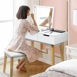 Ensemble de Coiffeuse et Tabouret Table de Maquillage avec Tabouret Rembourre et Miroir Rabattable avec Miroir Rabattable