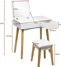Ensemble de Coiffeuse et Tabouret Table de Maquillage avec Tabouret Rembourre et Miroir Rabattable avec Miroir Rabattable
