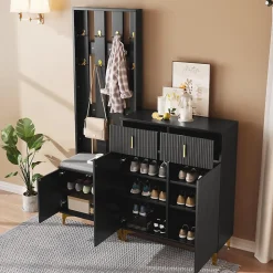 Ensemble de dressing avec banc, coussin, crochets, armoire à chaussures avec tiroirs et portes