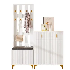 Ensemble De Garde-robe Avec Banc à Chaussures Et Tapis, Crochets Et Meuble à Chaussures, Blanc