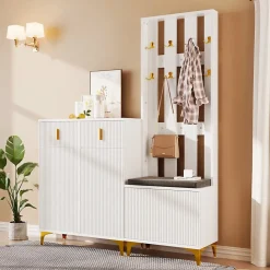 Ensemble De Garde-robe Avec Banc à Chaussures Et Tapis, Crochets Et Meuble à Chaussures, Blanc