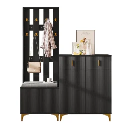 Ensemble De Garde-robe Avec Banc à Chaussures Et Tapis, Crochets Et Meuble à Chaussures, Noir