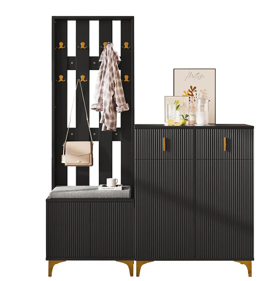 Ensemble De Garde-robe Avec Banc à Chaussures Et Tapis, Crochets Et Meuble à Chaussures, Noir