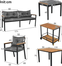 Ensemble de jardin 7 pièces, table en verre trempé, chaises en bois d'acacia, coussins amovibles