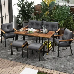 Ensemble de jardin 7 pièces, table en verre trempé, chaises en bois d'acacia, coussins amovibles
