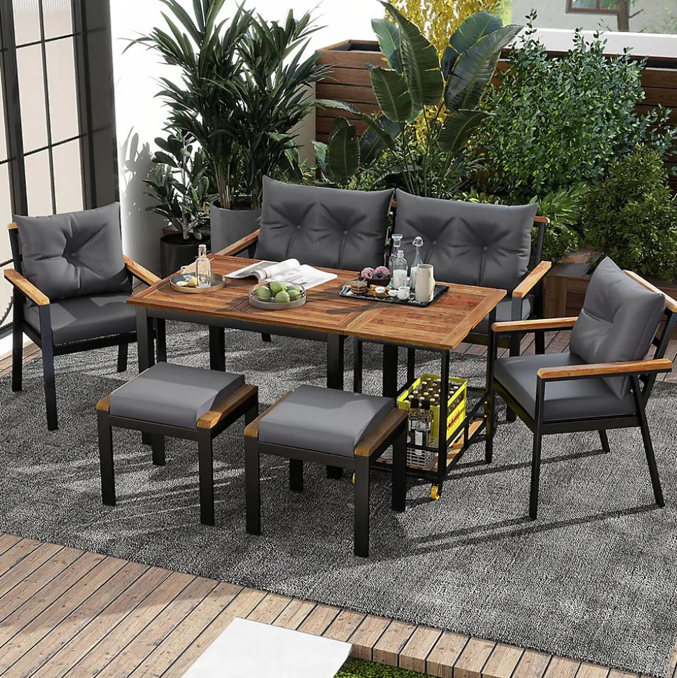 Ensemble de jardin 7 pièces, table en verre trempé, chaises en bois d'acacia, coussins amovibles