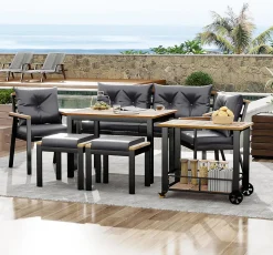 Ensemble de jardin 7 pièces, table en verre trempé, chaises en bois d'acacia, coussins amovibles