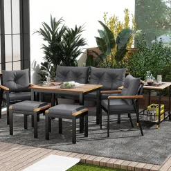 Ensemble de jardin 7 pièces, table en verre trempé, chaises en bois d'acacia, coussins amovibles