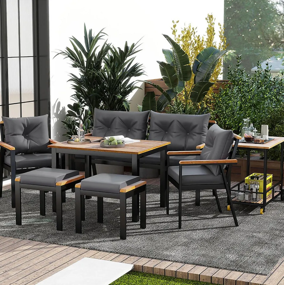 Ensemble de jardin 7 pièces, table en verre trempé, chaises en bois d'acacia, coussins amovibles
