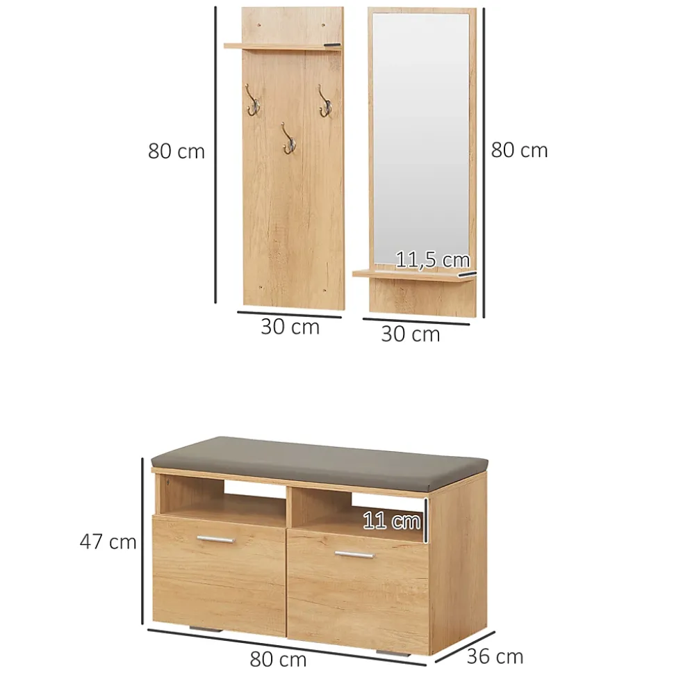 Ensemble de meuble d'entrée - vestiaire d'entrée 3 en 1 - miroir, porte-manteau, banc à chaussures - aspect bois clair gris