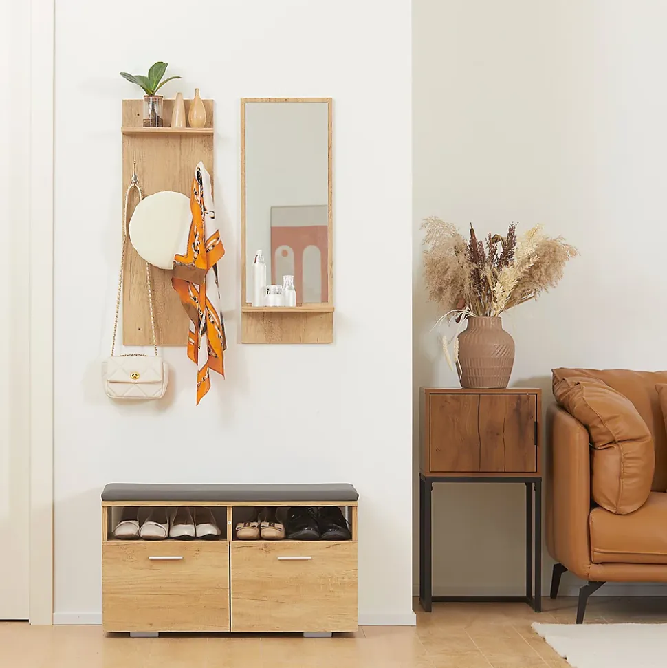 Ensemble de meuble d'entrée - vestiaire d'entrée 3 en 1 - miroir, porte-manteau, banc à chaussures - aspect bois clair gris