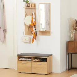Ensemble de meuble d'entrée - vestiaire d'entrée 3 en 1 - miroir, porte-manteau, banc à chaussures - aspect bois clair gris