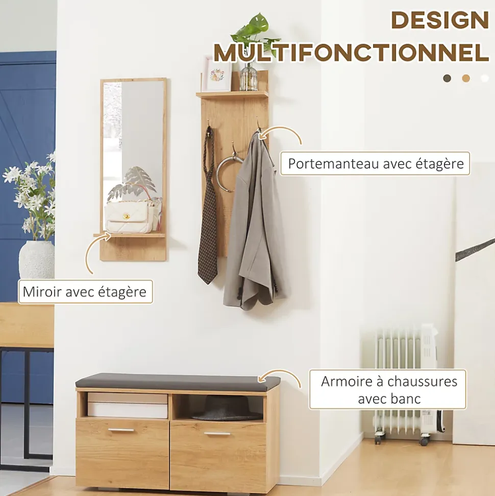 Ensemble de meuble d'entrée - vestiaire d'entrée 3 en 1 - miroir, porte-manteau, banc à chaussures - aspect bois clair gris