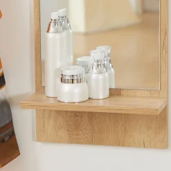 Ensemble de meuble d'entrée - vestiaire d'entrée 3 en 1 - miroir, porte-manteau, banc à chaussures - aspect bois clair gris