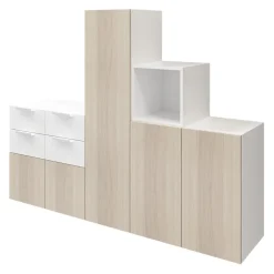 Ensemble de meubles de rangement portes battantes et tiroirs blancs et effet chêne GoodHome Atomia H. 150 x L. 187,5 x P. 47 cm