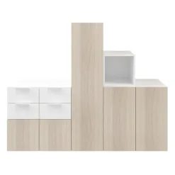 Ensemble de meubles de rangement portes battantes et tiroirs blancs et effet chêne GoodHome Atomia H. 150 x L. 187,5 x P. 47 cm