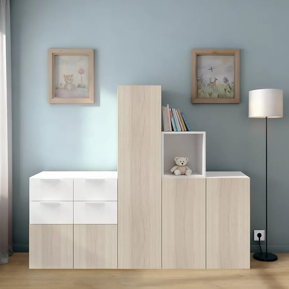 Ensemble de meubles de rangement portes battantes et tiroirs blancs et effet chêne GoodHome Atomia H. 150 x L. 187,5 x P. 47 cm