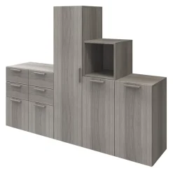 Ensemble de meubles de rangement portes battantes et tiroirs effet chêne grisé GoodHome Atomia H. 150 x L. 187,5 x P. 47 cm