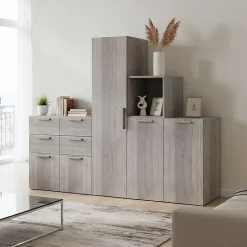 Ensemble de meubles de rangement portes battantes et tiroirs effet chêne grisé GoodHome Atomia H. 150 x L. 187,5 x P. 47 cm