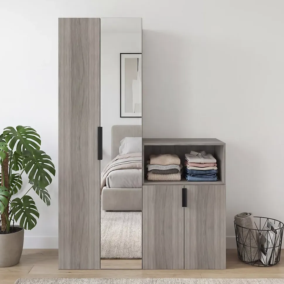 Ensemble de meubles de rangement portes battantes miroir effet chêne grisé GoodHome Atomia H. 225 x L. 150 x P. 47 cm