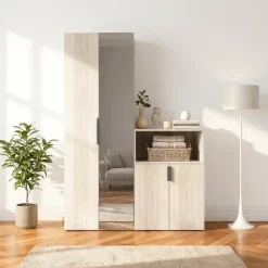 Ensemble de meubles de rangement portes battantes miroir et effet chêne GoodHome Atomia H. 225 x L. 150 x P. 47 cm
