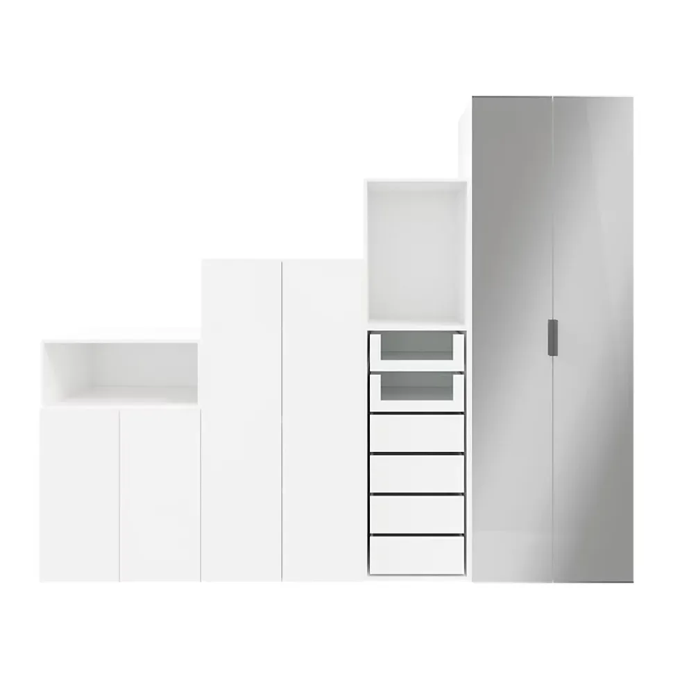 Ensemble de meubles de rangement portes battantes miroir et tiroirs sous pente et/ou comble blancs GoodHome Atomia H. 225 x L. 275 x P. 60 cm