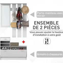 Ensemble de meubles d'entrée design contemporain : meuble chaussures, miroir et panneau porte-manteau panneaux de particules blanc