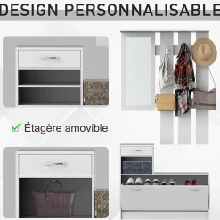 Ensemble de meubles d'entrée design contemporain : meuble chaussures, miroir et panneau porte-manteau panneaux de particules blanc